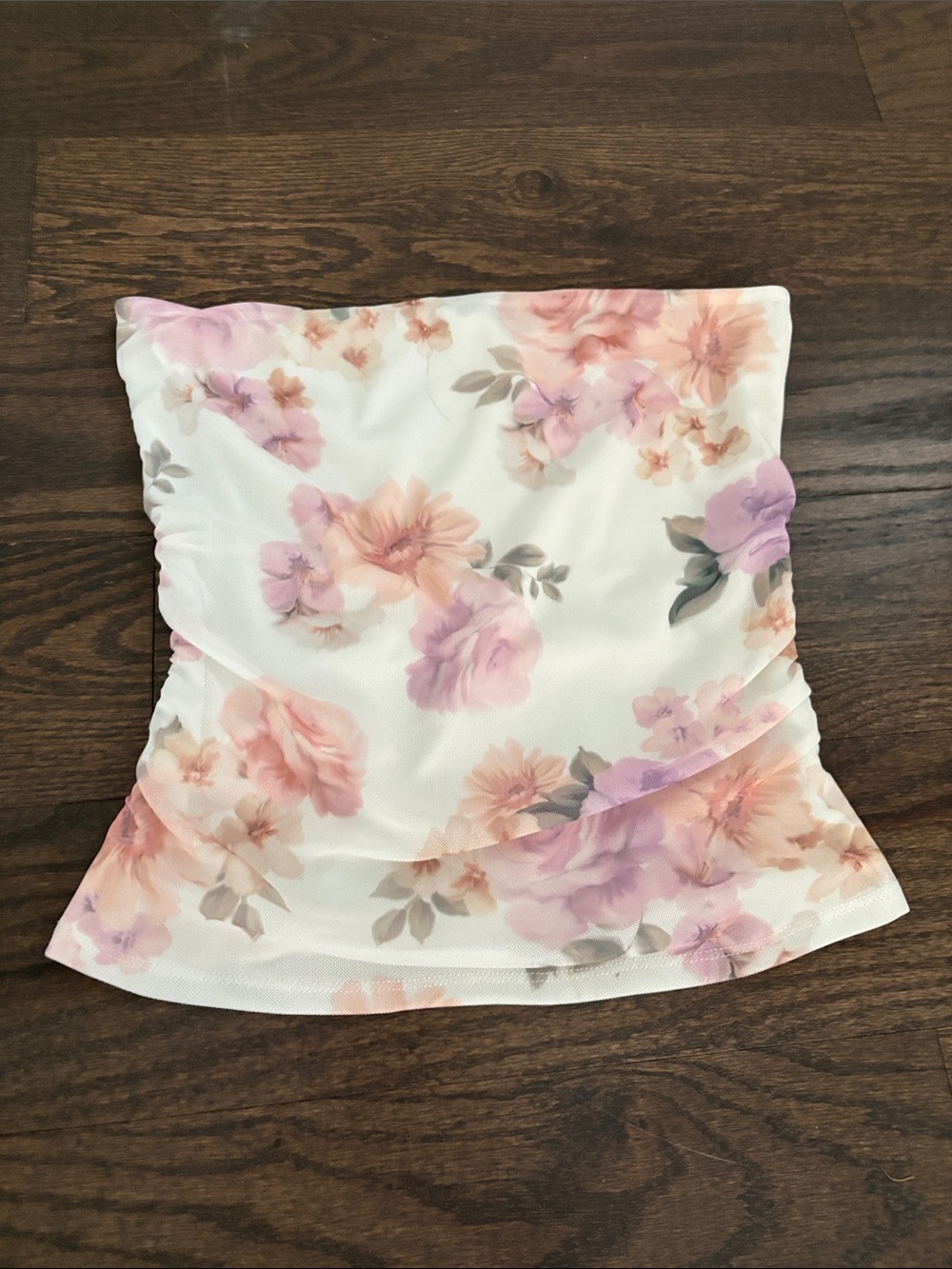 Garage White Strapless Floral Tube Top with Pink & Lavender Blooms